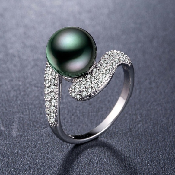 Huitan Jewelry - 925 Silver Ring Round Cut Black Pearl Wedding Ring